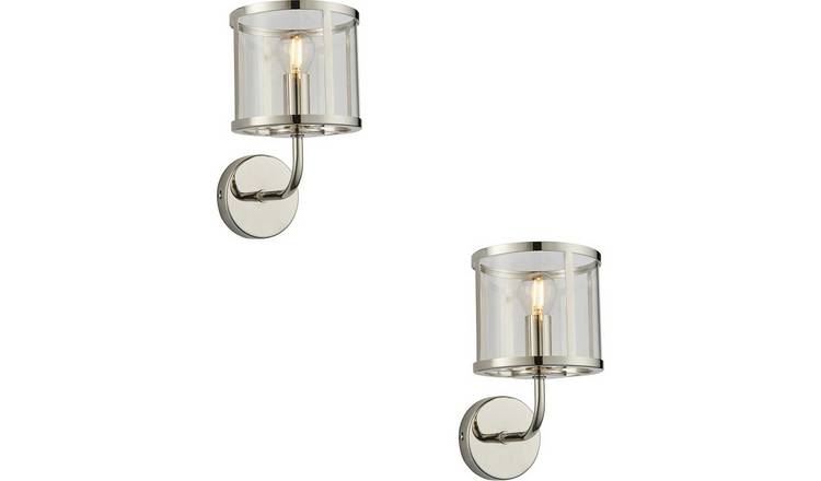 Loops Direct Pack of 2 Steel and Glass Wall Light - Bright Nickel Clear Glass