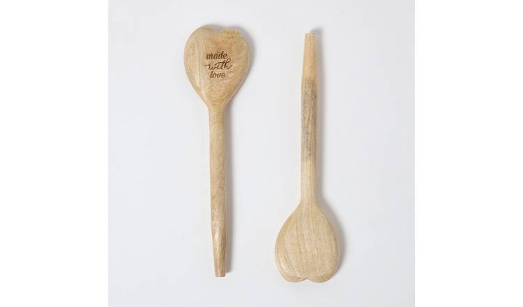 Homescapes Mango Wood Heart-Shaped Spoons Set of 2 – Made with Love