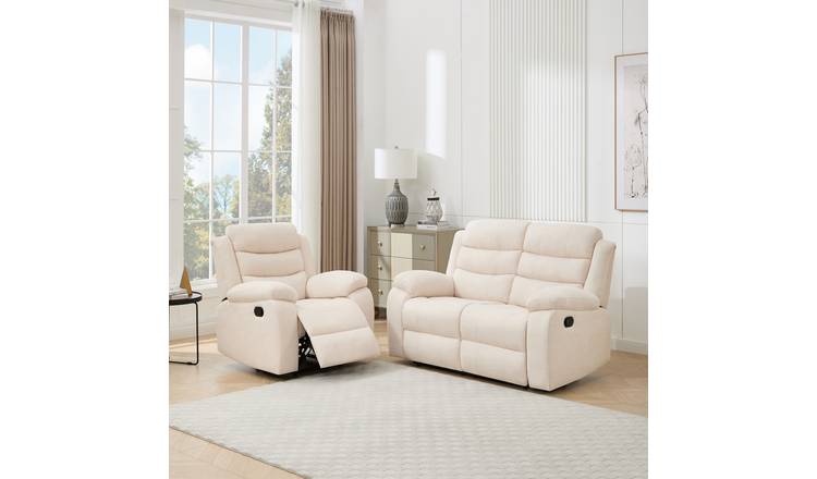 Furniture Online Boston Manual Recliner Fabric 1+2 Seater Sofa Set - Beige