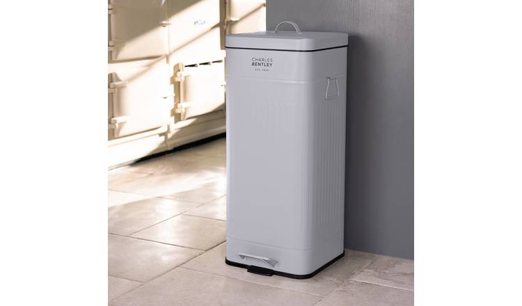 Charles Bentley 30L Steel Square Retro Kitchen Pedal Waste Bin - Light Grey