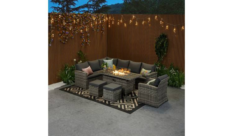 Furniture Maxi Rosen Rattan Effect 9 Seater Sofa Set with Fire Pit Table - Grey
