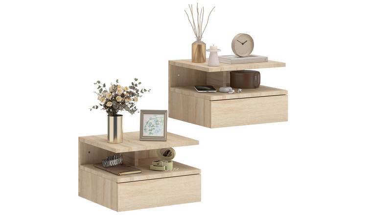 HOMCOM Set of 2 Floating Bedside Table with Storage Drawer and Shelf - Oak