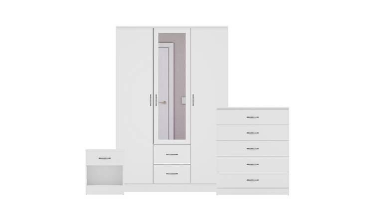 Vida Designs Riano Bedroom Set (Bedside, 5 Drawer Chest, Mirror Wardrobe)- White