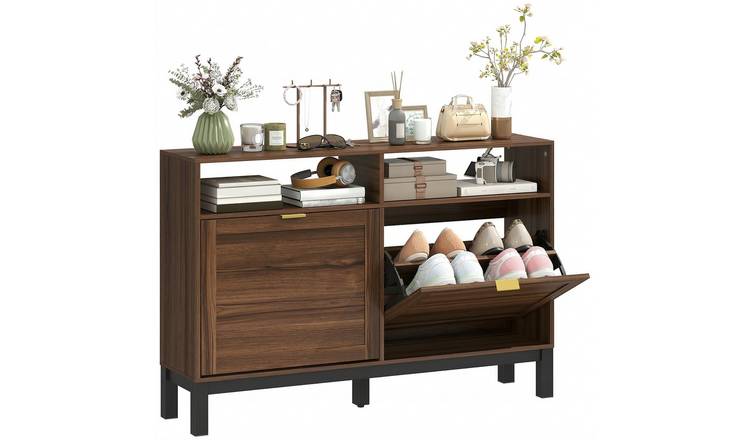 HOMCOM 2 Flip Drawers Narrow Shoe Cabinet with Storage Shelf- Rustic Brown