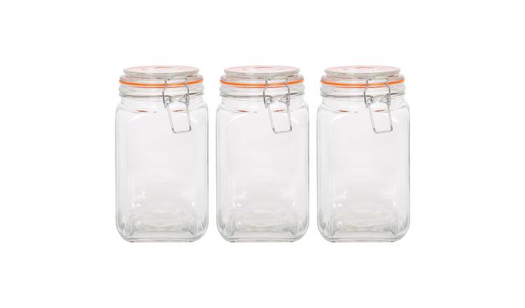 Argon Tableware Square Glass Jars with Clip-Top Lids - Pack of 3