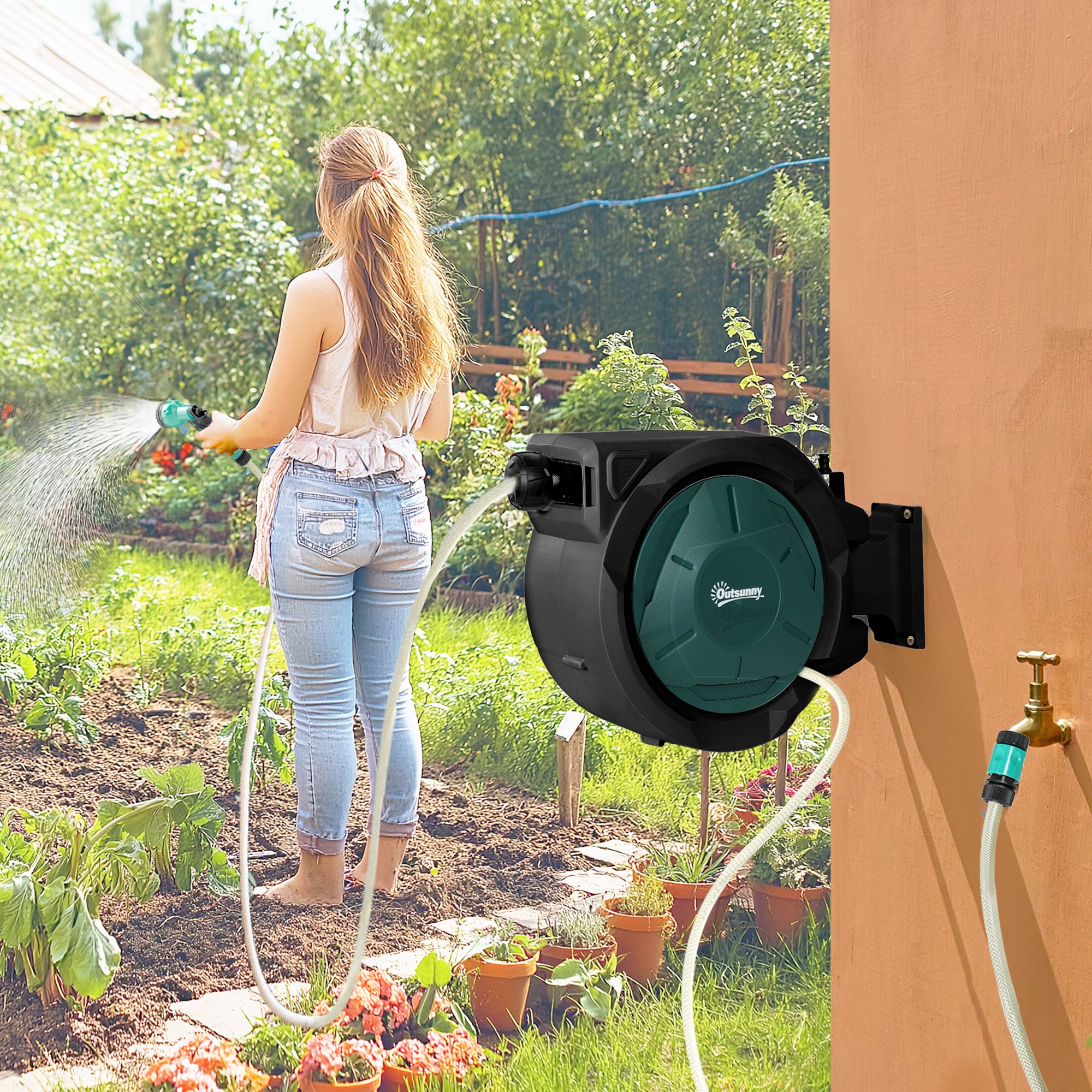 Outsunny Wall Mounted Auto Rewind Retractable Hose Reel – Black - Image 2