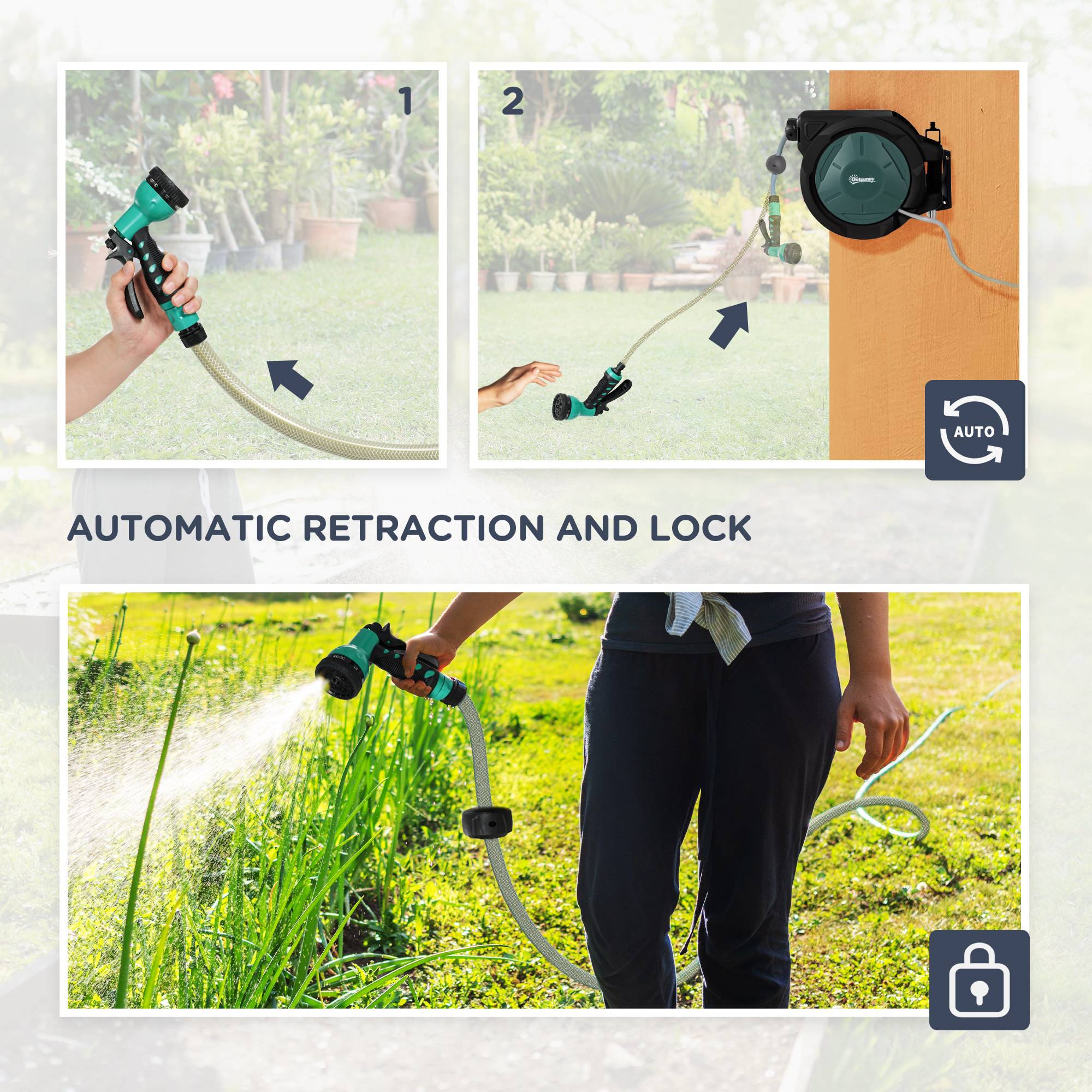 Outsunny Wall Mounted Auto Rewind Retractable Hose Reel – Black - Image 6