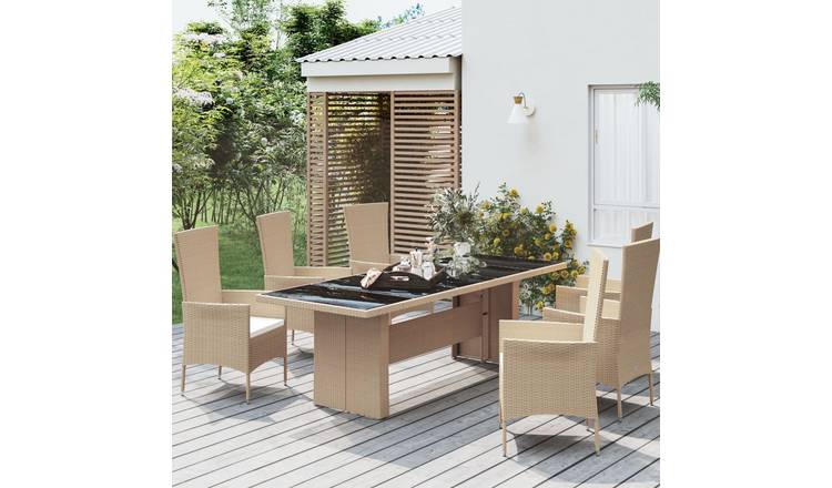 Walplus Poly Rattan Garden Table with Glass Top - Beige - 240 x 90 x 75 cm