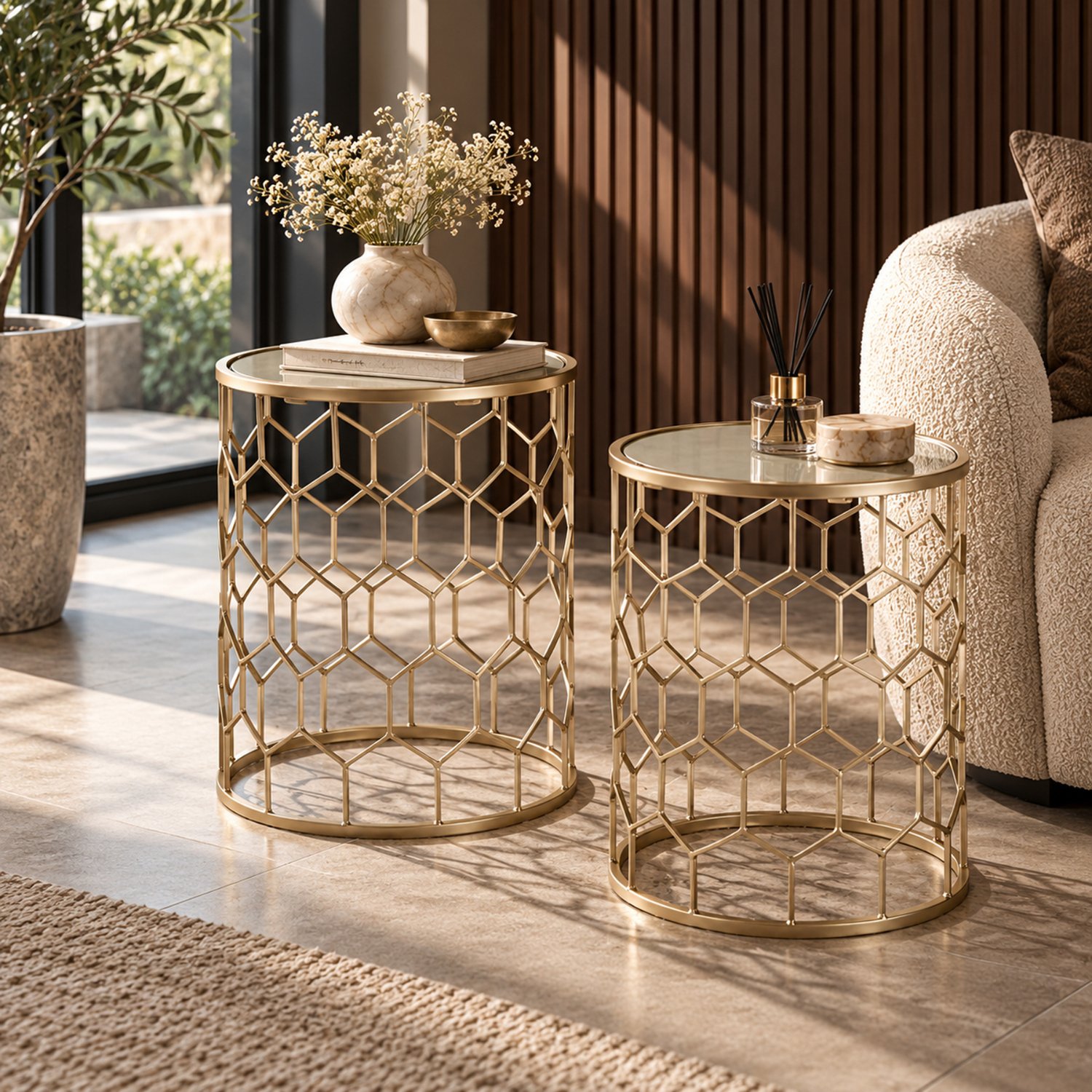 Orsina Mirrored Honeycomb Side Tables, Set of 2 - Gold - Image 2