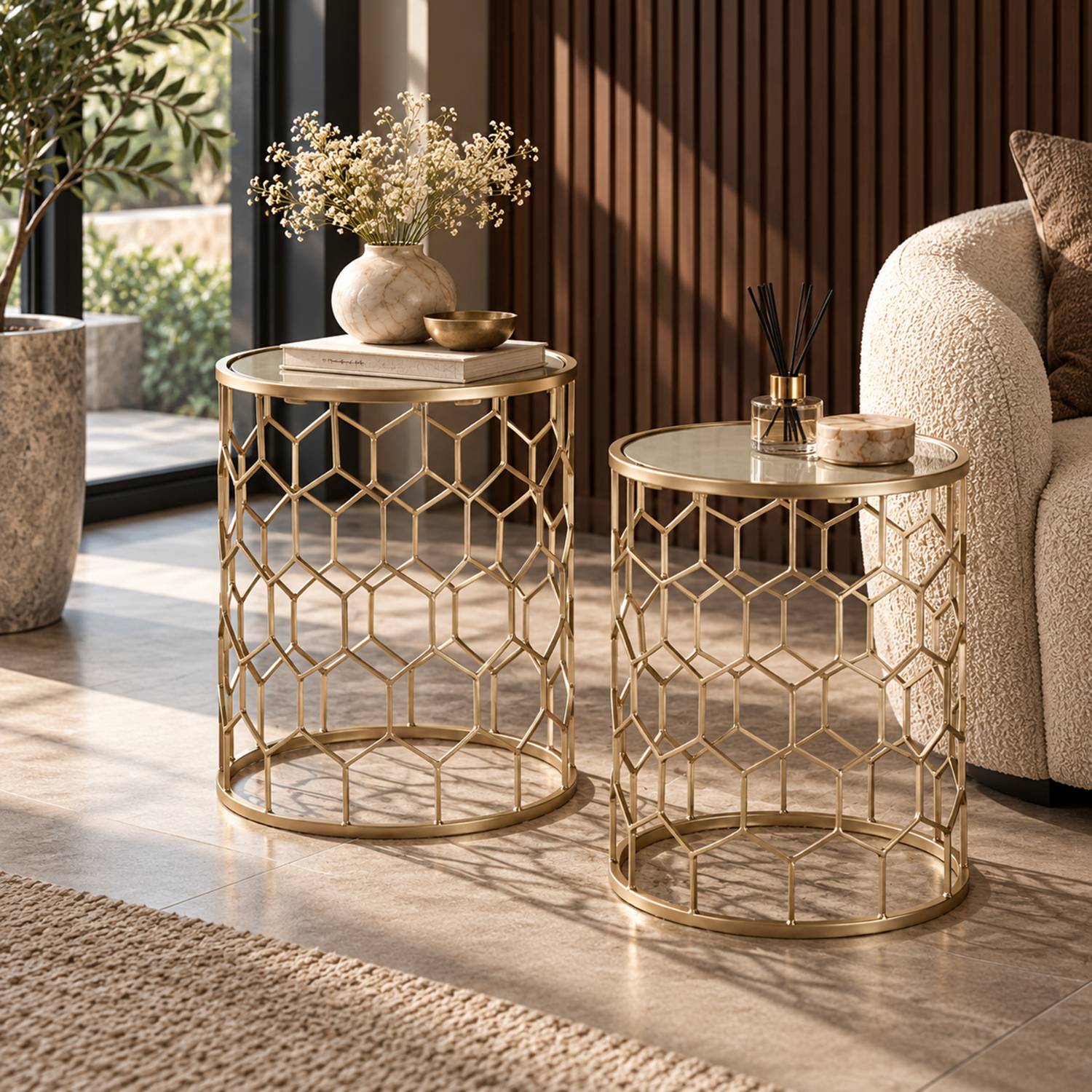 Orsina Mirrored Honeycomb Side Tables, Set of 2 - Gold - Image 2
