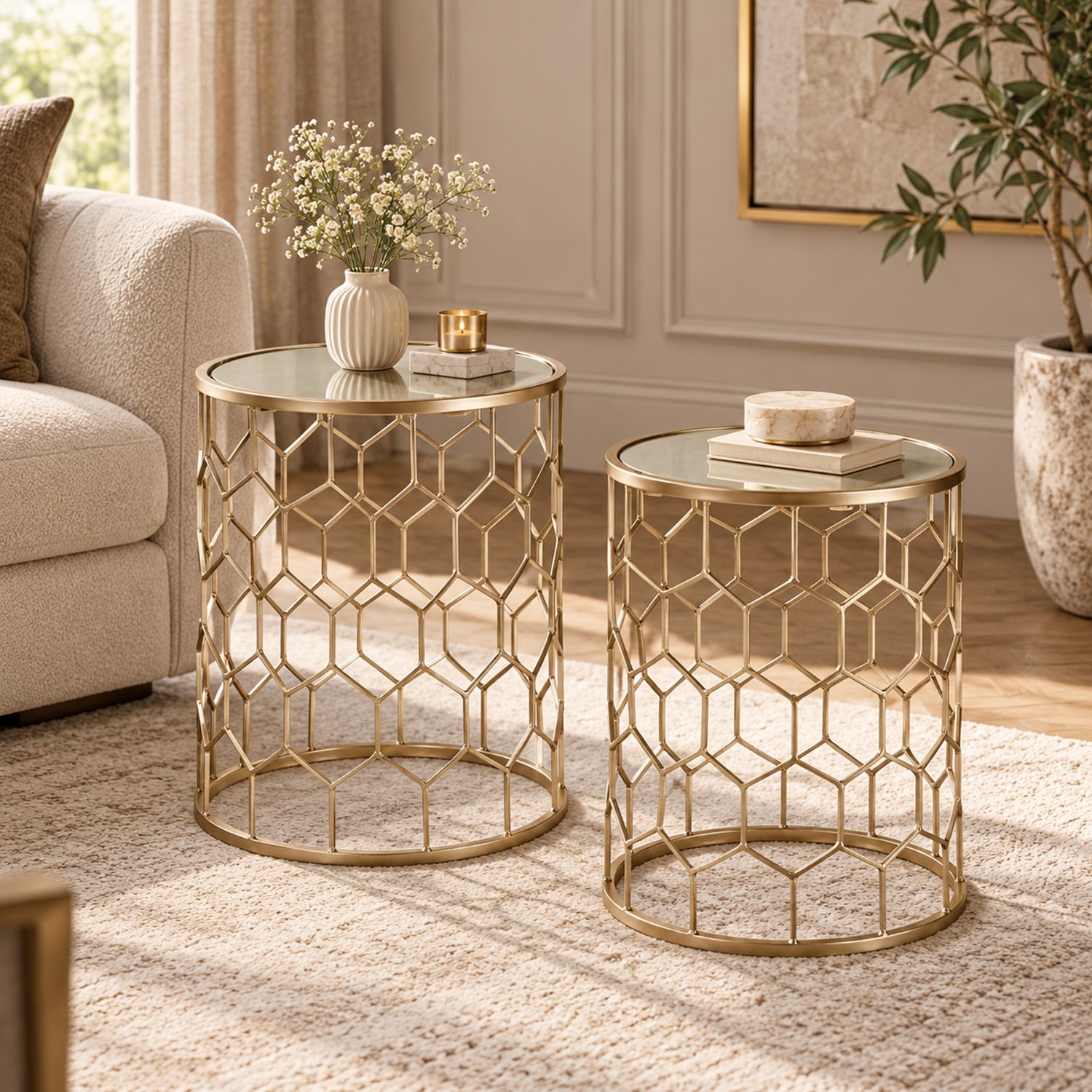 Orsina Mirrored Honeycomb Side Tables, Set of 2 - Gold - Image 3