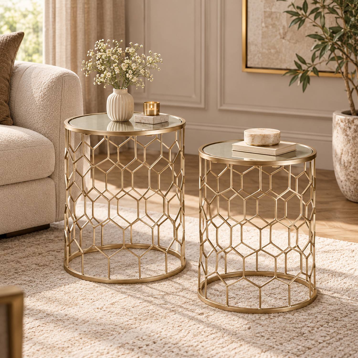 Orsina Mirrored Honeycomb Side Tables, Set of 2 - Gold - Image 3