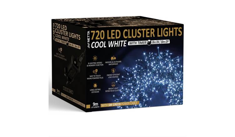 NETTA 720 LED 9m Christmas Cluster String Lights with Timer - Cool White