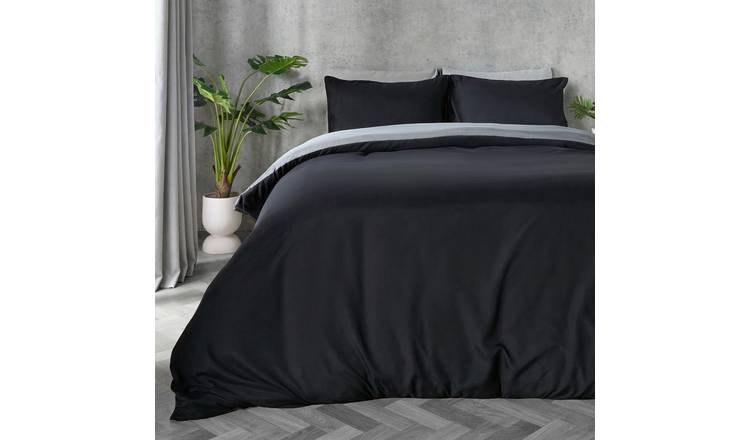 OHS Plain Dyed Reversible Duvet Cover Set Black/Grey - Double