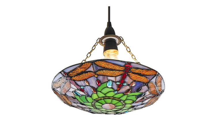 Happy Homewares Multi-Coloured Dragonfly Tiffany Glass Pendant Shade - 30cm