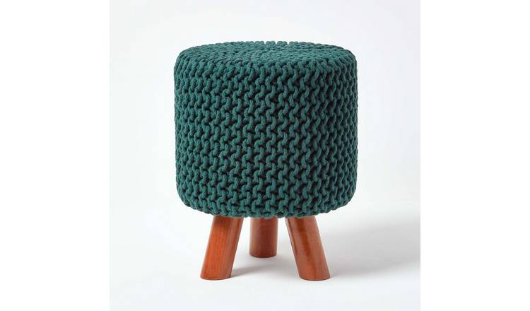 Homescapes Tall Cotton Knitted Footstool with Legs – Forest Green