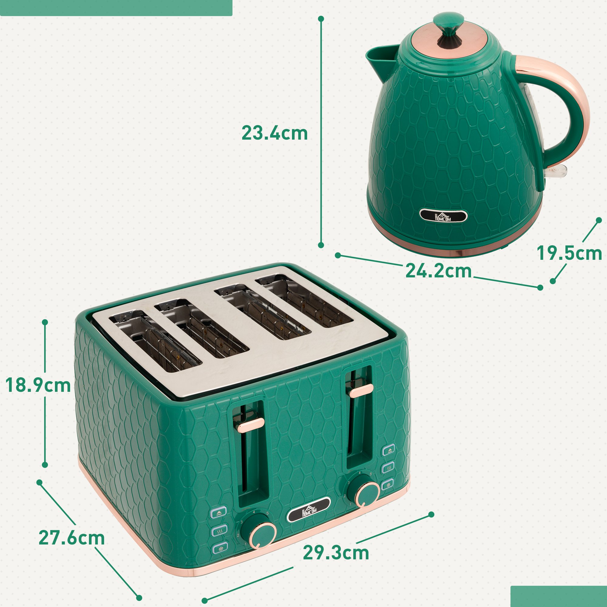 HOMCOM Kettle and 4 Slice Toaster Set with Auto Shut Off - Green - Image 3