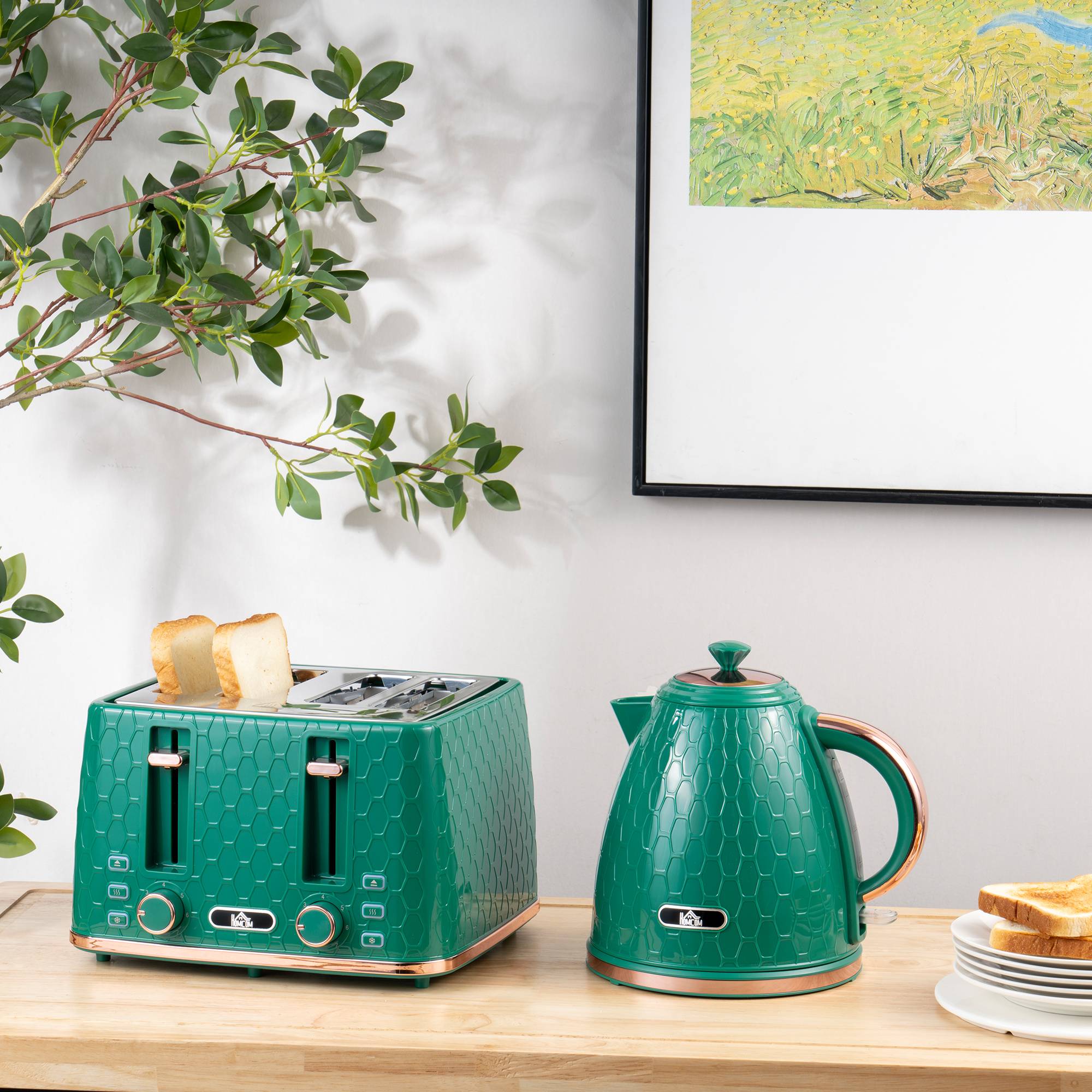 HOMCOM Kettle and 4 Slice Toaster Set with Auto Shut Off - Green - Image 6