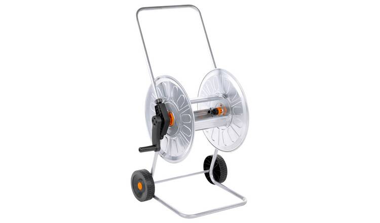 Walplus Galvanised Steel Hose Reel Cart for Or Hose - Silver and Black - 8000 cm