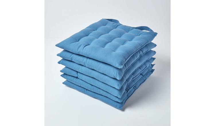 Homescapes Pack of 6 Cotton Seat Pad Chair Cushions - Blue