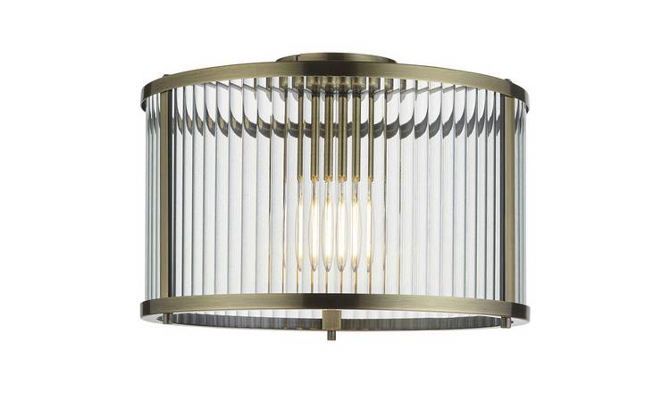 Loops Direct Steel and Glass Semi Flush Low Ceiling Light - Antique Brass