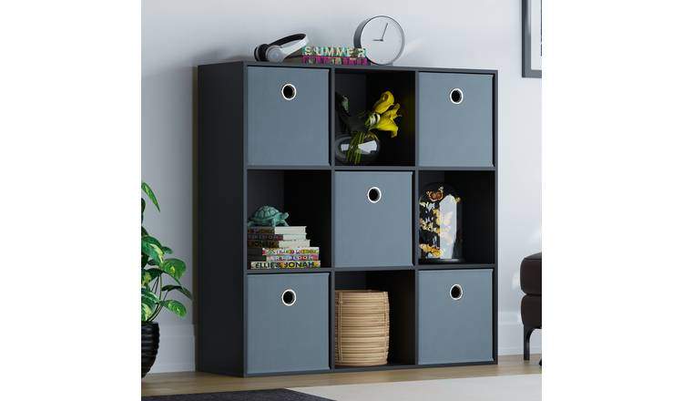 Vida Designs Durham 9 Cube Storage Unit with Set of 5 Grey Baskets - Black
