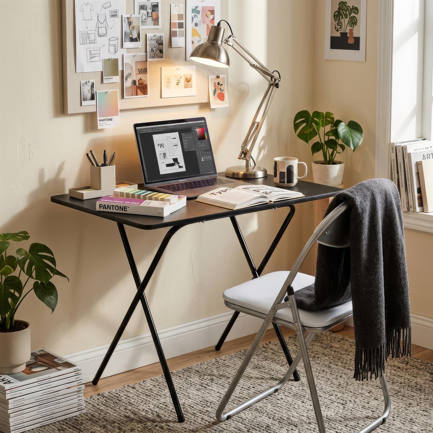 Harbour Housewares Black Wooden Folding Desk & Chair Set - White - Image 2