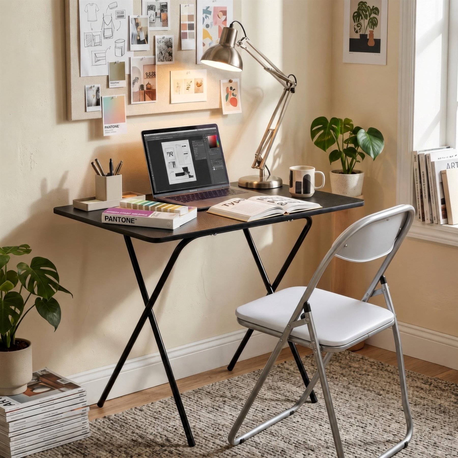 Harbour Housewares Black Wooden Folding Desk & Chair Set - White - Image 4