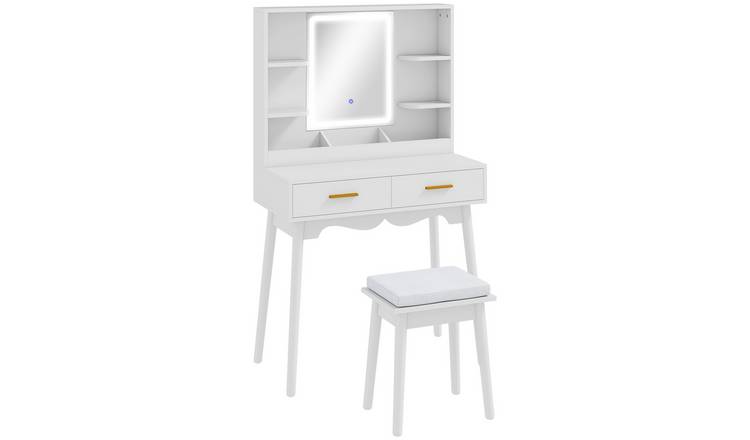 HOMCOM Dressing Table with 3 Colour LED Lights Mirror and Cushioned Seat - White