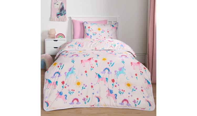 OHS Unicorn Print Reversible 10.5 Tog Coverless Duvet Set Pink - Single