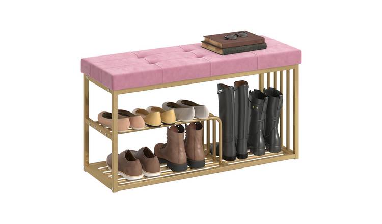 HOMCOM Shoe Storage Bench with Velvet Seat Cushion and Steel Frame - Pink