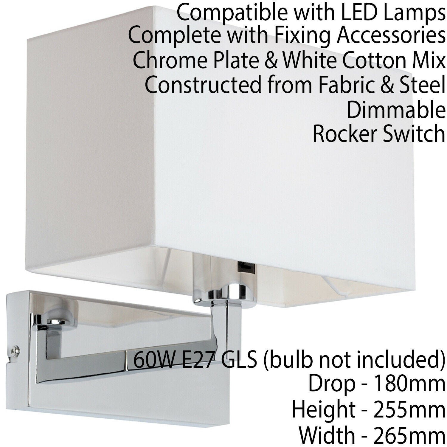 Loops Direct Pack of 2 Steel and Fabric Wall Light - Chrome and White - Image 2