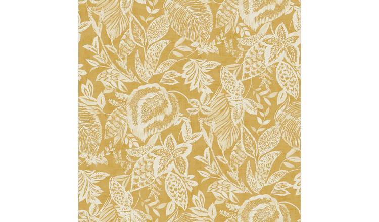 Grandeco Mae Painted Jungle Leaves Linen Textured Wallpaper - Ochre