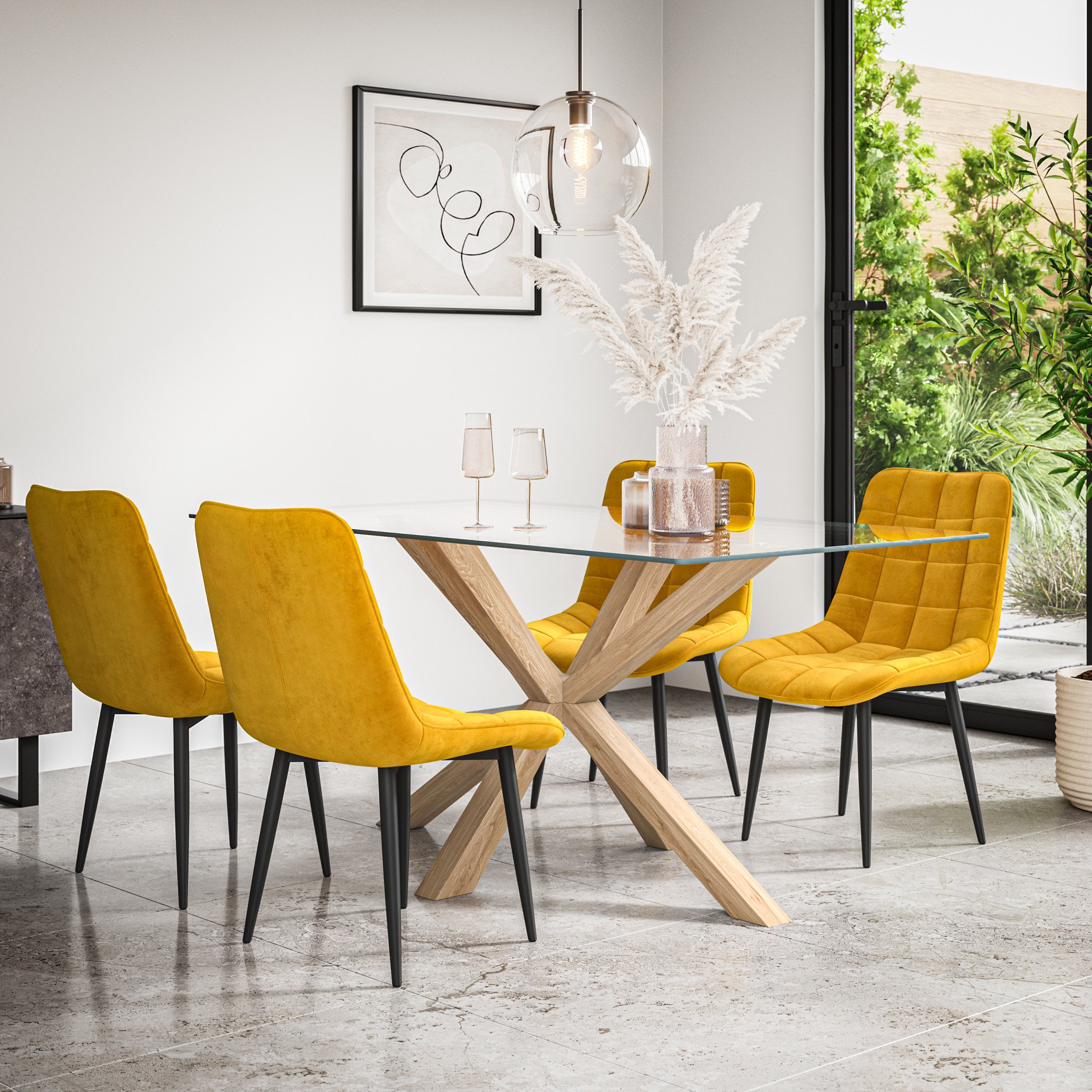 Furniture Online Etta Nova Glass Top Dining Table & 4 Mustard Chairs - Image 1