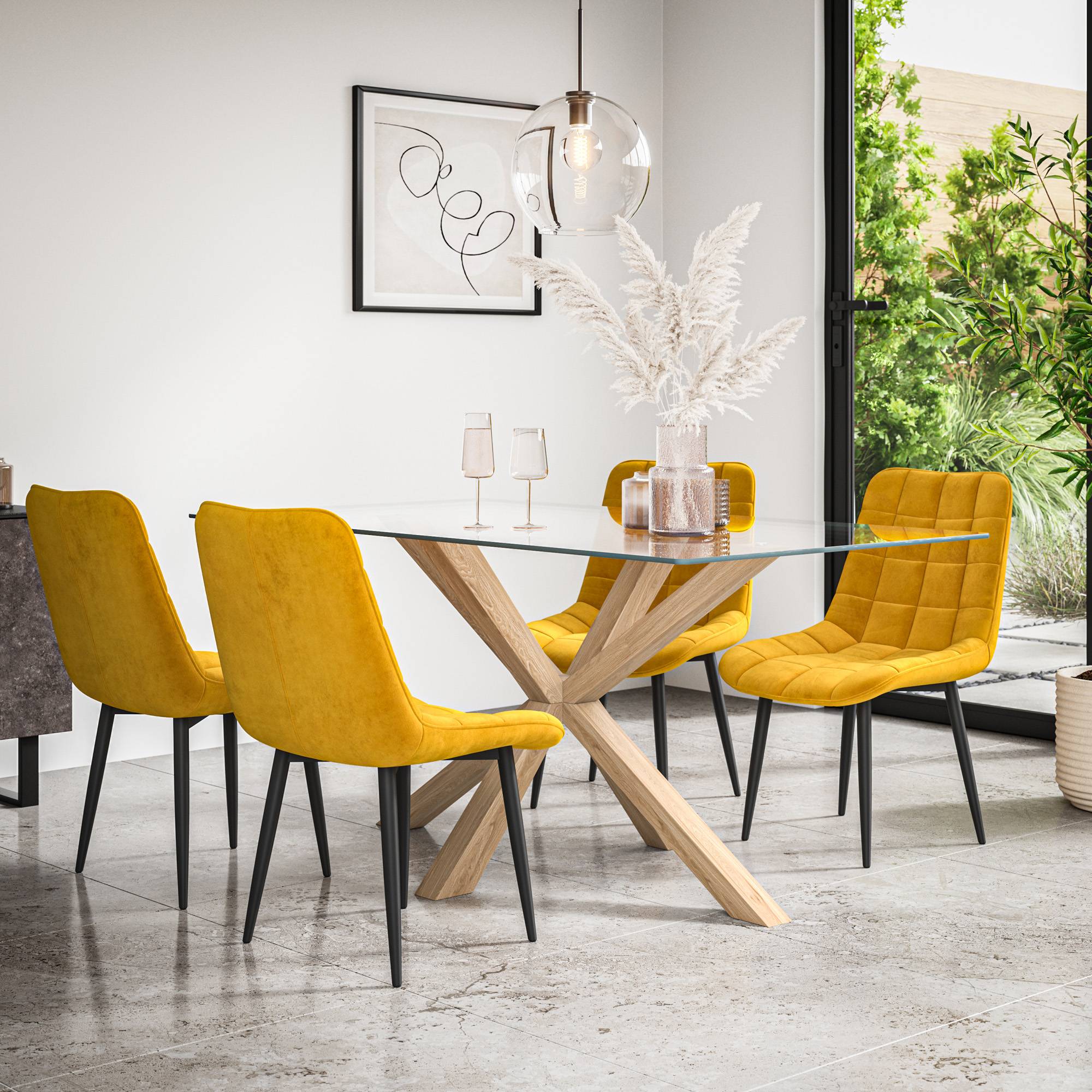 Furniture Online Etta Nova Glass Top Dining Table & 4 Mustard Chairs - Image 1