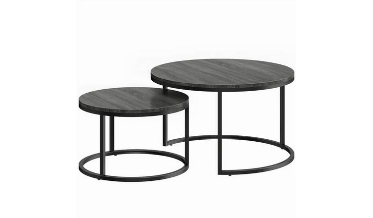 HOMCOM Round Coffee Table Set of 2 with Steel Frame - Black Wood Grain