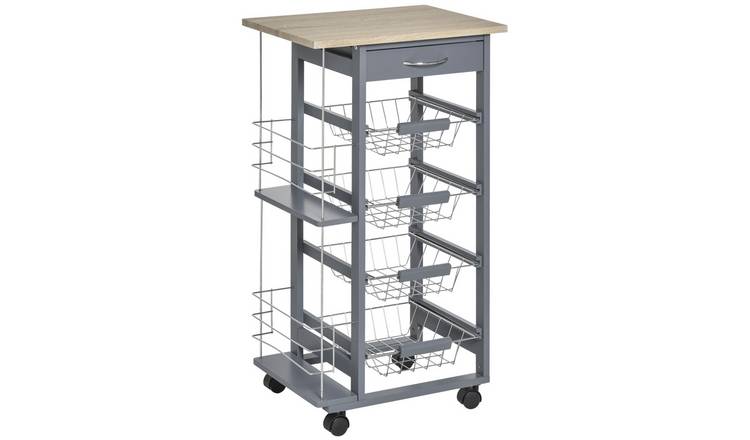 HOMCOM Kitchen Trolley with 4 Basket Drawers and Side Racks - Grey