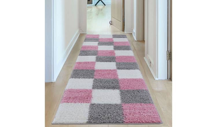 The Rugs Pink Myshaggy Checkered Shaggy Runner Rug - 80 x 300cm
