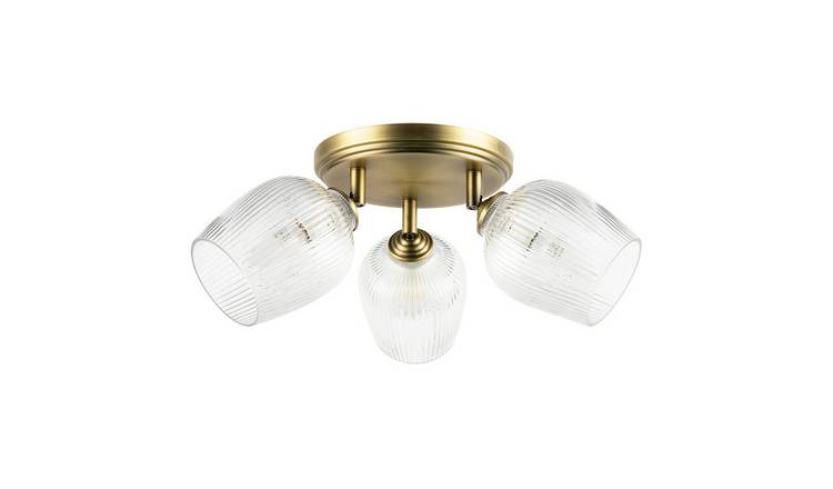 Happy Homewares Antique Brass Triple Spot with Clear Ceiling Light - 47cm
