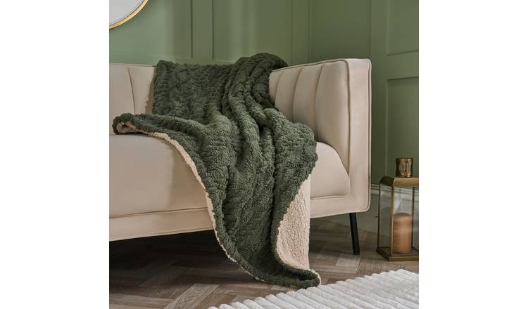 OHS Cable Knit Sherpa Blanket Throw 130 x 160cm - Woodland Green