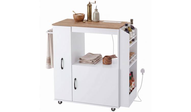 HOMCOM Kitchen Trolley with Power Outlet and Cabinet - White