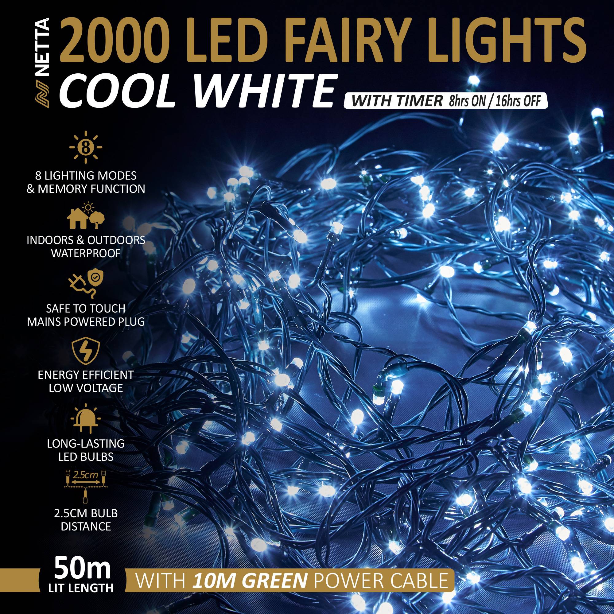 NETTA 2000 LED 50m Christmas Fairy String Lights with Timer - Cool White - Image 2