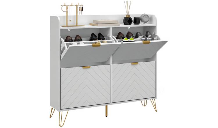 HOMCOM Striped Panel Shoe cabinet with 4 Flip Drawers- White