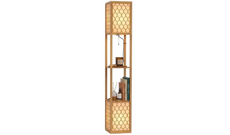 HOMCOM Fabric Floor Lamp with Shelves and Zipper Switch - Natural Wood Finish