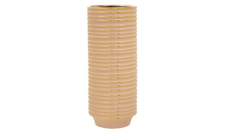 Orsina Haldis Large Ribbed Ceramic Vase – Blush Pink and Gold