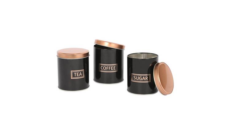 Harbour Housewares 3pc Round Metal Tea Coffee Sugar Canister Set - Black/Copper