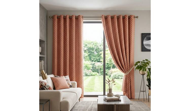 Luxury Living Geometric Eyelet Lined Curtains 168cm x 137cm - Orange