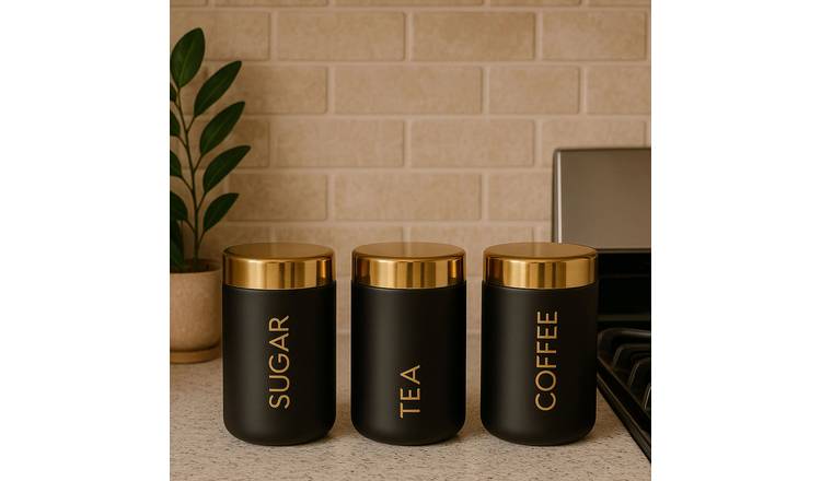 Orsina Liberty Set Of 3 Enamel Tea Coffee And Sugar Canisters – Black