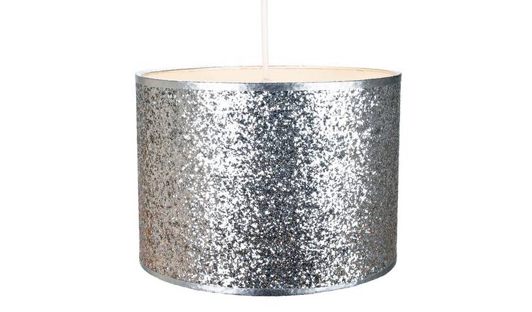 Happy Homewares Silver Bright Glitter Fabric Pendant Shade - 25cm