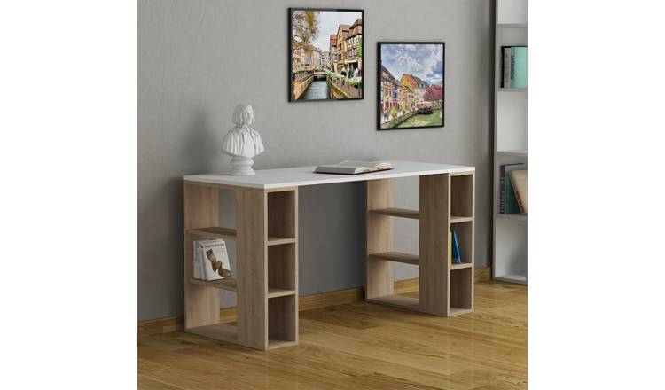 Decortie Colmar Wood-Effect Desk Open Shelving - White & Oak